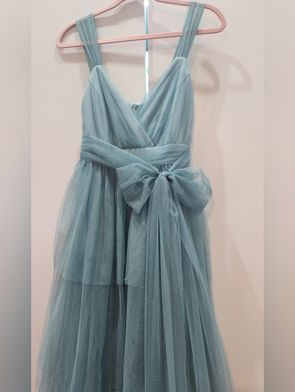 Ever Pretty Dusty Blue Tiered Tulle Large Bow Maxi Gown Dress Size M 6 - Picture 3 of 8